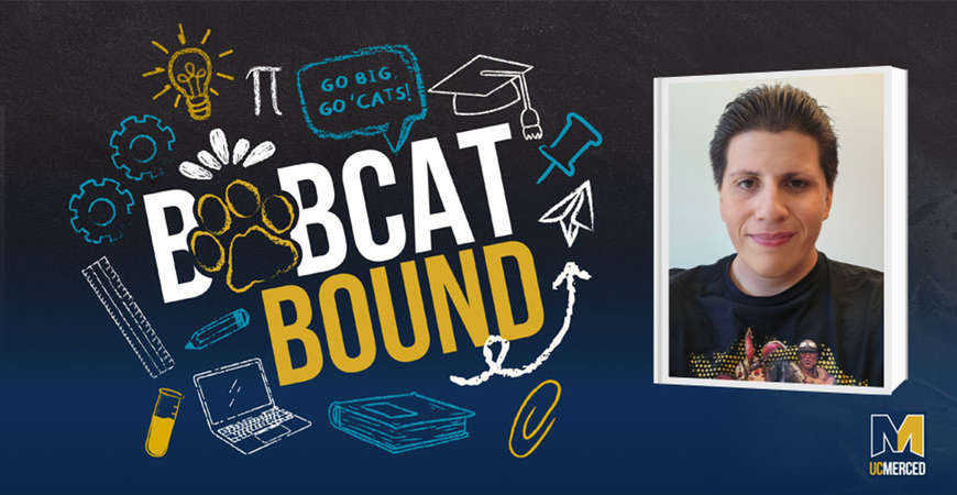 Male student with brown hair and blue t-shirt with Bobcat Bound graphicin blue and gold