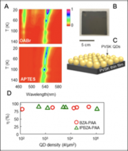 (A) PL emission map with temperature T and emission wavelength for OMHP QDs functionalized with different molecules (B) Photograph of OMHP thin film (C) Schematic of OMHP thin film and QD tandem medium. (D) Charge transfer efficiency in QD films.