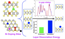 Computational study of Ni-doped MoS2 in 2H phase, possible locations of Ni, energetic favorability of sites, electronic structure with defect states, and increased energy to separate the layers when doped. 